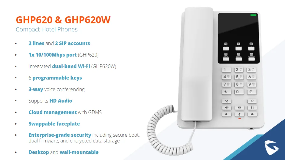 Điện thoại VoIP Wifi dùng cho khách sạn Grandstream GHP620W 6 giới thiệu điện thoại ip wifi Grandstream Ghp620w